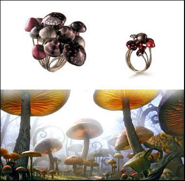 Mushroom Forest: The Forest of mushrooms through which Alice wanders in the film inspired the creation of enameled gold rings. The texture of real toadstools is seen not only on the outside of the ring but on the inside also. Some are covered with diamonds.